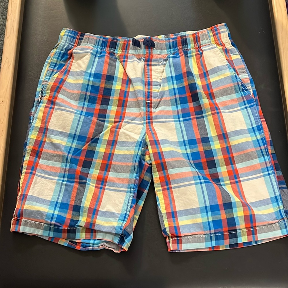 Lands end 14/16 L shorts plaid- blue, yellow, red; elastic waist/drawstring